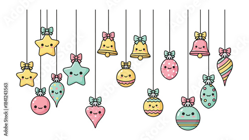 Festive Ornaments with Bows: Charming and colorful ornaments, each adorned with a cute bow, dangle in a whimsical display, ideal for spreading holiday cheer. 