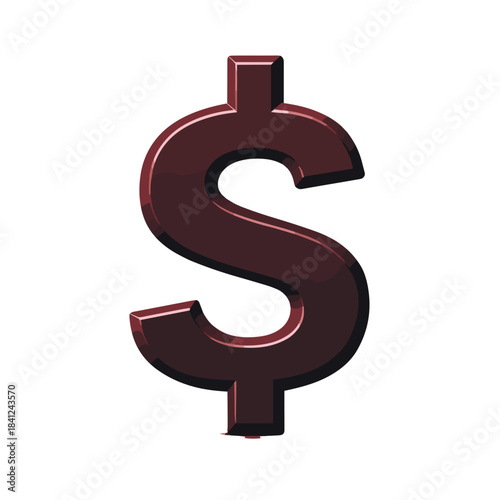 Three dimensional dollar sign symbol, glossy reddish brown appearance, representing concepts of money, finance, and wealth. Useful for economic articles, business, or financial planning.