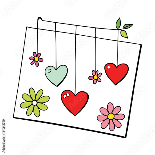 A charming greeting card featuring delicate hearts and flowers hanging on soft strings, creating a sweet, uplifting display that adds warmth, love, and elegance to any message.