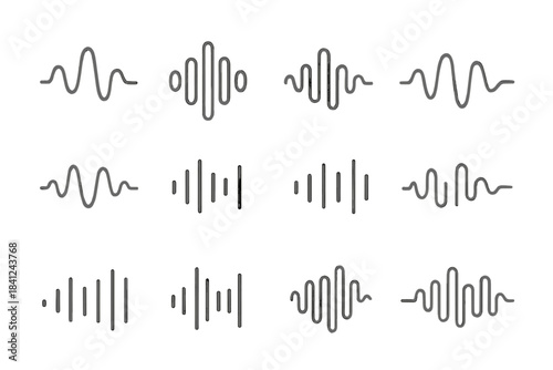 Set of sound wave icons showing audio frequency patterns and voice recording signals