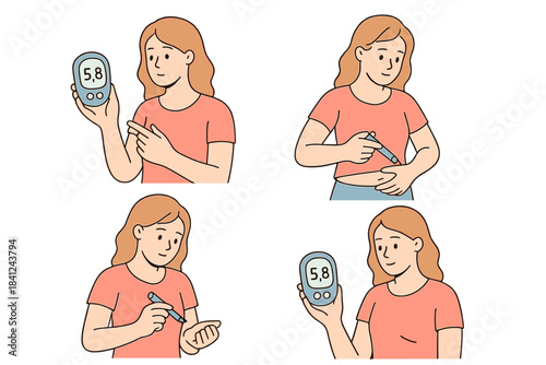 Woman checking blood sugar and injecting insulin for diabetes management