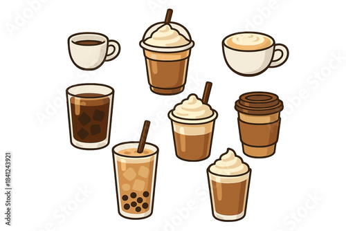 Assortment of hot and cold coffee drinks, frappes, iced beverages, and bubble tea cups