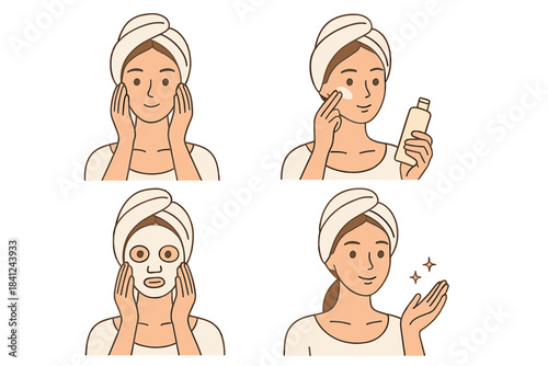 Young woman demonstrating a complete facial skincare routine with cream, sheet mask, and glowing results