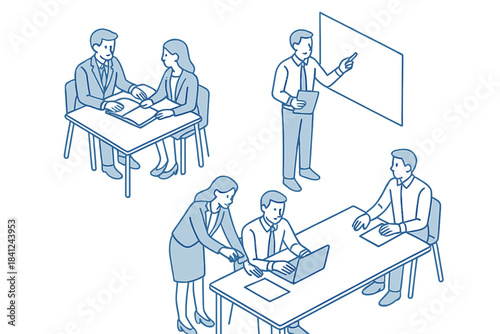 Business professionals collaborating in meetings and corporate presentations