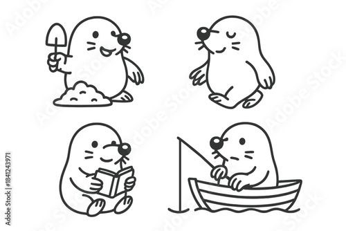Cute cartoon mole character performing various activities digging reading and fishing