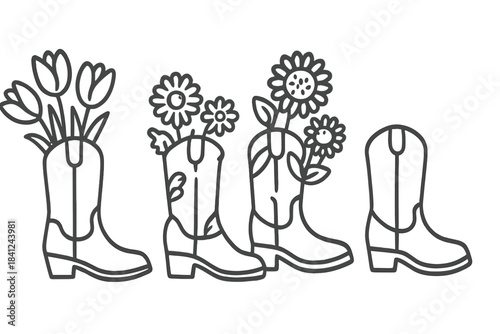Four western style cowboy boots decorated with bouquets of tulips and sunflowers