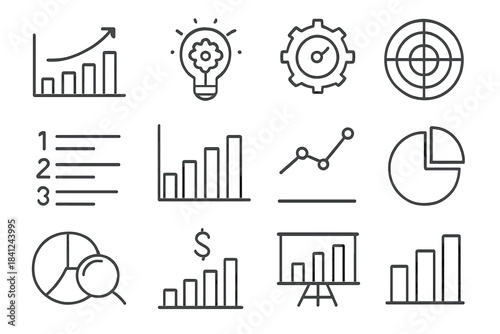 Outline icons for business data analysis charts graphs strategy and planning