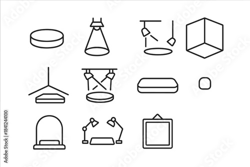 Outline icons for museum exhibition, art gallery, and product display elements