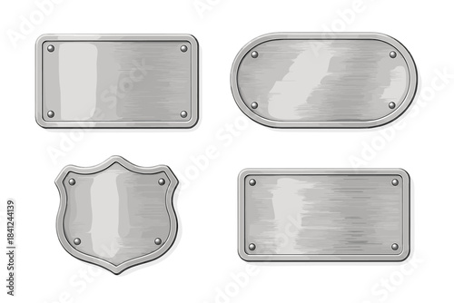 Collection of four blank metallic silver plates and badges secured with rivets