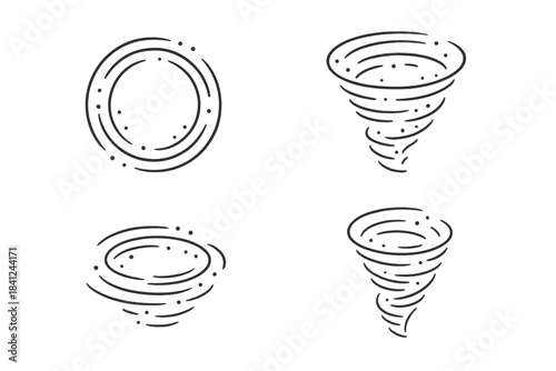 Collection of swirling air, wind vortexes, and powerful tornado shapes depicted in a minimalist linear style