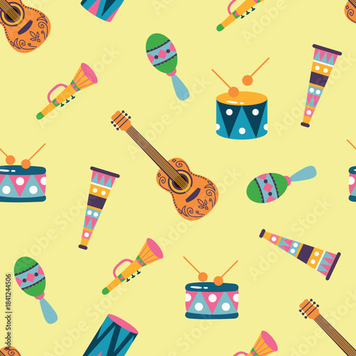 Seamless Pattern of Musical Instruments. Carnival, fun, music
