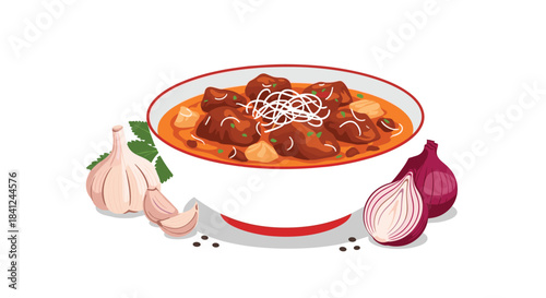 Bowl of hearty and savory meat stew, a traditional Filipino menudo or kaldereta, surrounded by fresh garlic and onion ingredients.
