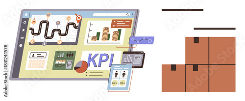 Analytics dashboard with graphs, charts, and KPI tracking alongside stacked boxes symbolizing logistics. Ideal for management, supply chain, data analysis, logistics, business growth, efficiency