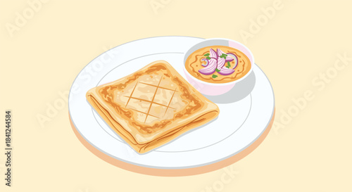 Plate of grilled stuffed flatbread, possibly murtabak or paratha, served with a side of delicious curry dipping sauce.