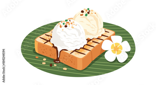 Delicious Shibuya honey toast dessert with two scoops of ice cream, chocolate sauce, and nuts served on a banana leaf plate.