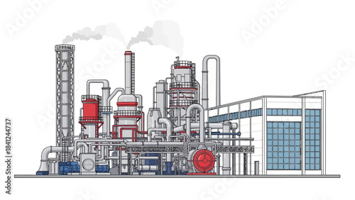 A detailed illustration of a large industrial factory complex with multiple processing units, pipes, and smokestacks.