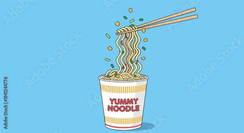 Chopsticks lifting instant ramen from a paper cup labeled yummy noodle against a solid blue background for a quick meal concept.