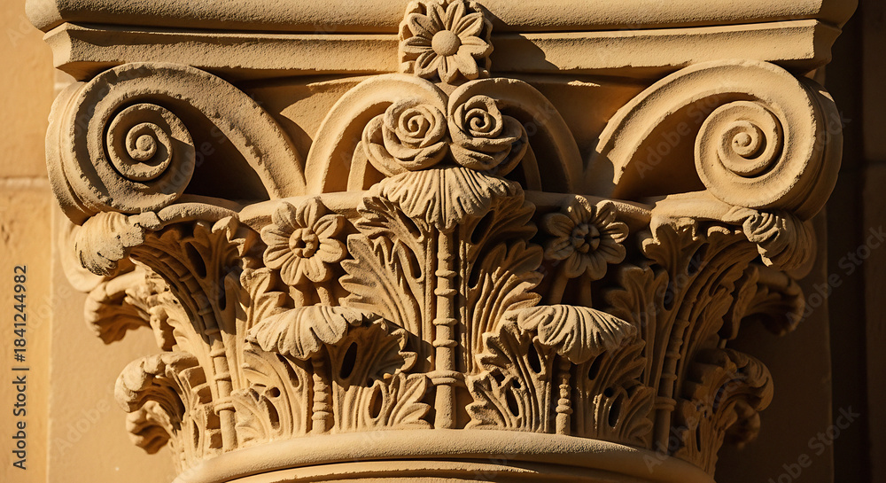 Naklejka premium Ornate stone architectural column with floral carvings and volutes
