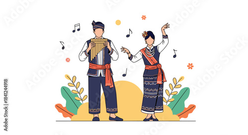 Man and woman in traditional Andean clothing celebrating with music and dance, the man playing a panpipe and the woman dancing.