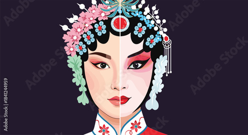 Split-face portrait concept of a Chinese opera performer showing the transformation from a natural face to theatrical makeup.