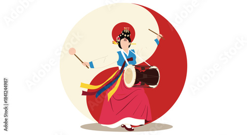 Korean woman in a traditional hanbok dress performing a drum dance in front of a red and white Taegeuk symbol of Korea.