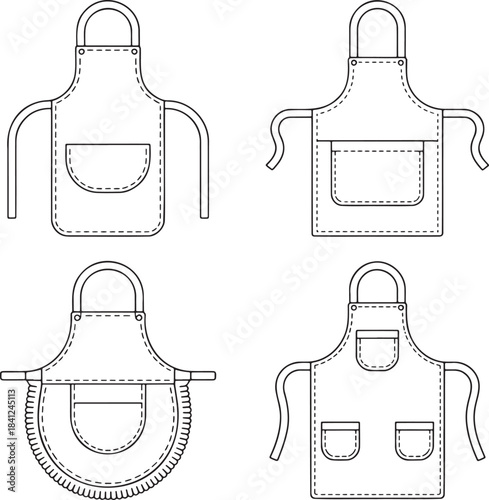 Set of Kitchen aprons with pockets Outline vector illustration isolated On Transparent Background