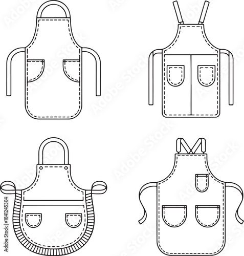 Set of Kitchen aprons with pockets Outline vector illustration isolated On Transparent Background