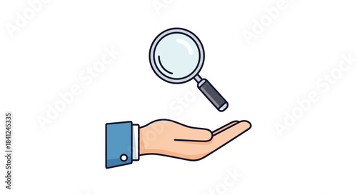 Hand in a business suit holding up a magnifying glass to symbolize search, investigation, research, and analysis concepts.