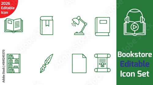 bookstore line icon bundle with open book, closed book, bookmark, reading lamp, bookshelf, ink pen, note paper, scroll, audiobook icon, thin outline vector on white background