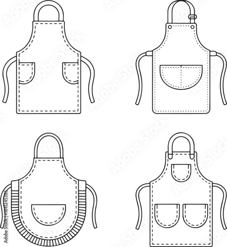 Set of Kitchen aprons with pockets Outline vector illustration isolated On Transparent Background
