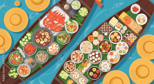 Top-down view of two boats at a Thai floating market filled with a variety of delicious traditional street food dishes.