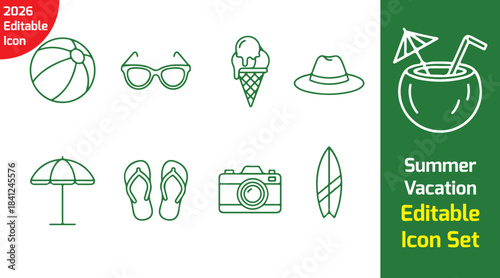 summer vacation thin line icon bundle with beach ball, sunglasses, ice cream, umbrella, flip flops, camera, coconut drink, sun hat, surfboard icon, outline vector on white background