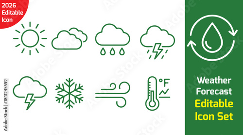  weather forecast line icon bundle with sunny, cloudy, rain, thunder, snowflake, wind, humidity, temperature, storm symbol, clean outline vector on white background