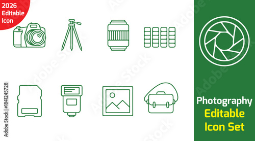 photography line icon pack with DSLR camera, tripod, lens, SD card, flash, photo frame, shutter icon, camera bag, color palette, thin outline style on white background