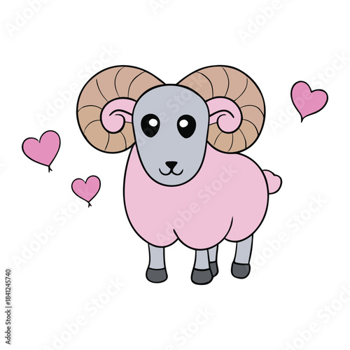 A cute ram stands against a soft pink background, surrounded by floating hearts. Its fluffy wool and gentle expression create a sweet, charming scene full of warmth and affection.
