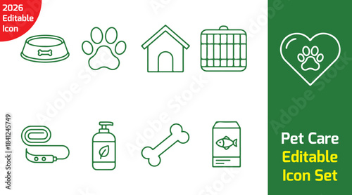 pet care outline icon pack with dog bowl, paw print, pet house, leash, shampoo bottle, bone treat, fish food, cage icon, heart pet symbol, thin line art vector on white background.
