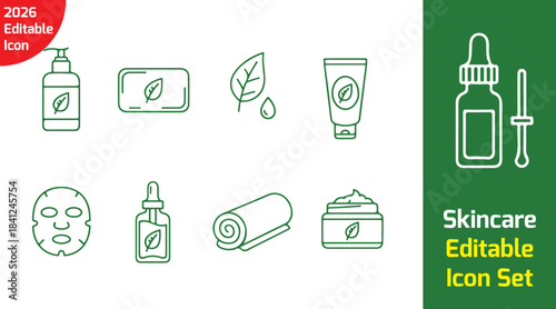 organic skincare thin line icon set with lotion bottle, soap bar, leaf ingredient, serum dropper, face mask, towel, moisturizer jar, essential oil, herbal tube, minimal outline on white background