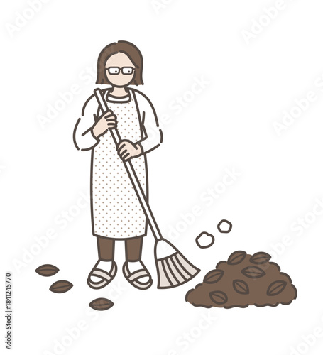 落ち葉の掃除をする40代女性のイラスト