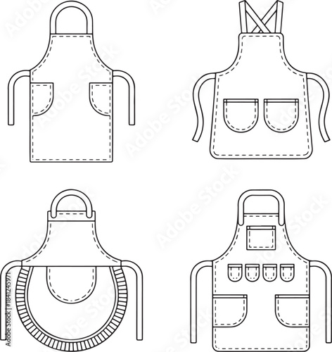 Set of Kitchen aprons with pockets Outline vector illustration isolated On Transparent Background