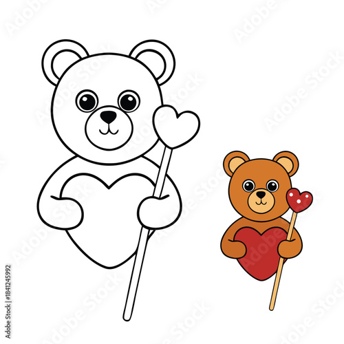 A cute teddy bear sits happily holding a heart-shaped lollipop, its fluffy paws wrapped around the sweet treat. Simple outlines make this charming coloring page fun and relaxing.”