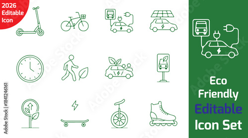 eco-friendly transport thin line icon pack with electric scooter, bike, charging station, solar car, bus stop, walking sign, hybrid car, carpool symbol, green road icon, outline vector style on white 