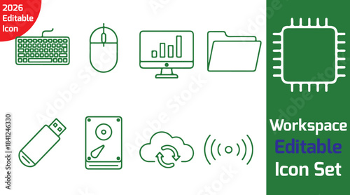 digital workspace line icon pack with keyboard, mouse, monitor, USB drive, hard disk, cloud sync, wifi signal, chip processor, folder icon, thin outline vector on white background