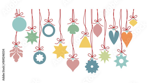 Ornamental Elegance: A collection of decorative shapes suspended gracefully by delicate red ribbons, each shape a unique design and hue, suggesting festive spirit and artistic simplicity.