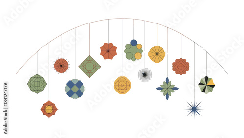 Geometric Ornaments Hanging in Air: An artistic assortment of geometric ornaments suspended gracefully, presenting a captivating arrangement that invites appreciation for design and form.