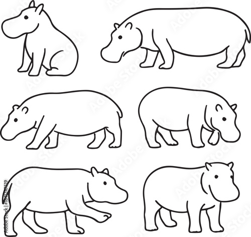 Simple Line Art Set of Hippopotamuses in Sitting, Walking, and Standing Poses