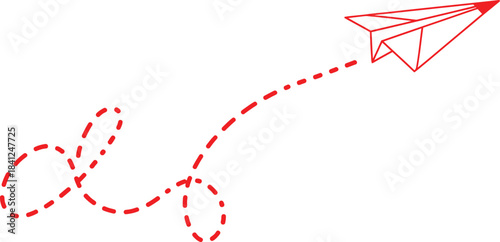 Red paper airplane trail against a white background representing journey and imagination