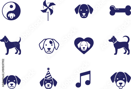 Vector art of collection of various dog icons in dark blue on a with heart and music symbols