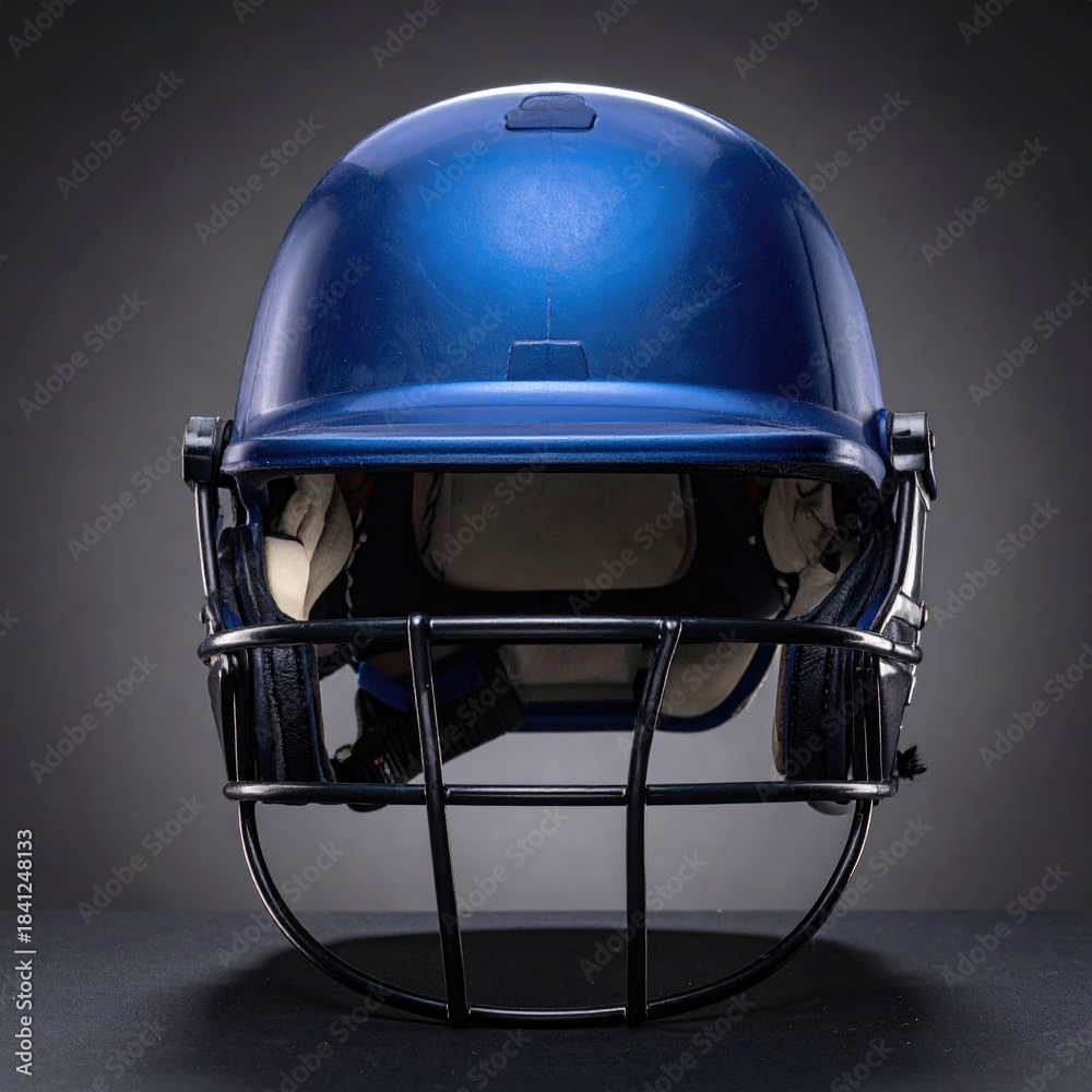 Fototapeta premium Shiny blue helmet with black grill on dark gray background