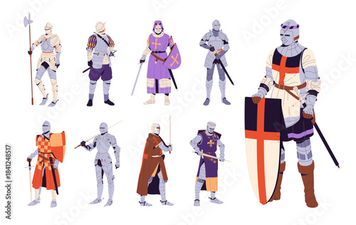 Set of medieval knights. Ancient warriors with armor, swords, and shields. Crusaders with weapons. Historical fighters, old soldiers with blades. Flat isolated vector illustrations on white background