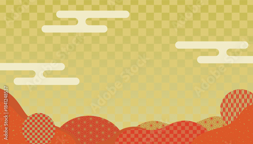 和柄模様と雲の和風背景素材/朱・金背景	